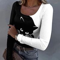 Women's T shirt Tee Color Block Cat Black White Print Long Sleeve Daily Weekend Fashion Funny Round Neck Regular Fit Spring   Fall Lightinthebox - thumbnail