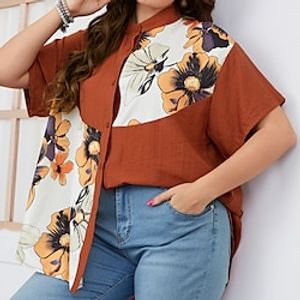 Women's Plus Size Tops Blouse Shirt Floral Patchwork Print Short Sleeve Crewneck Streetwear Going out Weekend Polyester Spring Summer Green Black Lightinthebox