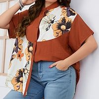 Women's Plus Size Tops Blouse Shirt Floral Patchwork Print Short Sleeve Crewneck Streetwear Going out Weekend Polyester Spring Summer Green Black Lightinthebox - thumbnail