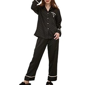 Women's Pajamas Sets Stripe Dot Fashion Comfort Home Ice Silk Lapel Long Sleeve Pant Pocket Button Spring Summer Black  Letter Lightinthebox