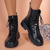 Women's Boots Combat Boots Motorcycle Boots Plus Size Daily Booties Ankle Boots Beading Flat Heel Round Toe Casual Comfort Faux Leather Zipper Lace-up Black Lightinthebox - thumbnail