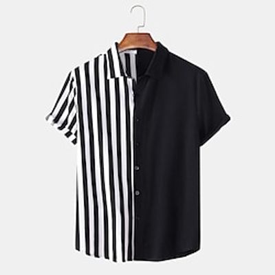 Men's Button Up Shirt Casual Shirt Summer Shirt Beach Shirt Black Yellow Deep Blue Short Sleeve Color Block Striped Lapel Hawaiian Holiday Patchwork Clothing Apparel Fashion Casual Comfortable Lightinthebox