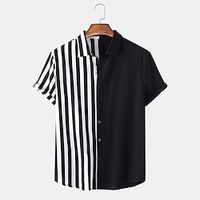 Men's Button Up Shirt Casual Shirt Summer Shirt Beach Shirt Black Yellow Deep Blue Short Sleeve Color Block Striped Lapel Hawaiian Holiday Patchwork Clothing Apparel Fashion Casual Comfortable Lightinthebox - thumbnail