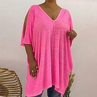 Women's T shirt Tee Pink Blue Purple Plain Half Sleeve Daily Vacation Basic Casual V Neck Long Cotton Plus Size XL miniinthebox - thumbnail