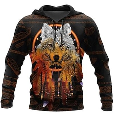 Men's Pullover Hoodie Sweatshirt Brown Hooded Wolf Graphic Prints Print Daily Sports 3D Print Basic Streetwear Designer Spring   Fall Clothing Apparel Hoodies Sweatshirts  Long Sleeve Lightinthebox