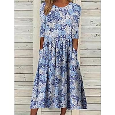 Women's Casual Dress Floral Dress Summer Dress Floral Ruched Pocket Crew Neck Midi Dress Fashion Modern Daily Vacation Half Sleeve Regular Fit Blue Summer Spring S M L XL XXL Lightinthebox