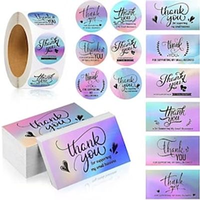 500/ 50pcs/roll rainbow laser thank you label stickers small business cards adhesive stickers labels for scrapbooking stationery miniinthebox