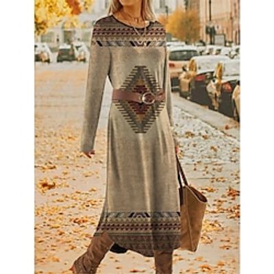 Women's Casual Dress Winter Dress Ethnic Dress Geometric Color Block With Belt Print Crew Neck Midi Dress Vintage Ethnic Outdoor Daily Long Sleeve Loose Fit Wine Blue Khaki Fall Winter S M L XL XXL Lightinthebox
