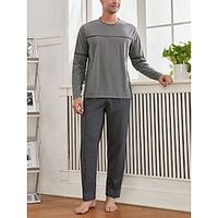 Men's Loungewear Sleepwear Pajama Set Pajama Top and Pant 2 Pieces Plain Stylish Casual Comfort Home Daily Bed Polyester Comfort Soft Crew Neck Long Sleeve T shirt Tee Pant Drawstring Elastic Waist Lightinthebox - thumbnail