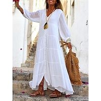 Women's White Dress Shirt Dress Casual Dress Maxi long Dress Linen Cotton Blend Basic Modern Daily Weekend V Neck Ruffle Button 34 Length Sleeve Summer Spring Loose Fit White Yellow Blue Plain S M L Lightinthebox