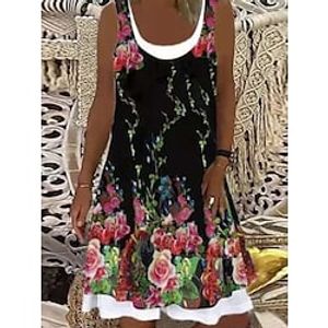 Women's Casual Dress Tank Dress Print Dress Floral Fake two piece Print Crew Neck Midi Dress Active Fashion Outdoor Daily Short Sleeve Loose Fit Black Yellow Spring Summer S M L XL XXL Lightinthebox