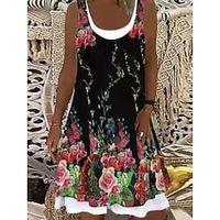 Women's Casual Dress Tank Dress Print Dress Floral Fake two piece Print Crew Neck Midi Dress Active Fashion Outdoor Daily Short Sleeve Loose Fit Black Yellow Spring Summer S M L XL XXL Lightinthebox - thumbnail