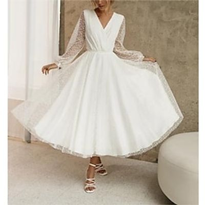 Beach Little White Dresses Wedding Dresses A-Line V Neck Long Sleeve Tea Length Sequined Bridal Gowns With Beading Solid Color 2023 Lightinthebox