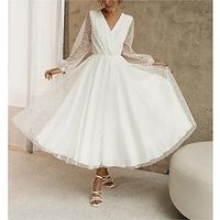 Beach Little White Dresses Wedding Dresses A-Line V Neck Long Sleeve Tea Length Sequined Bridal Gowns With Beading Solid Color 2023 Lightinthebox - thumbnail