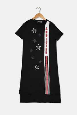 Kids Girls Graphic Print Short Sleeve Midi Dress  Black