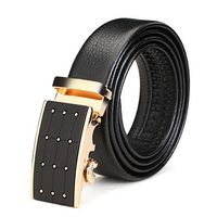 Men's Gold Alloy Adjustable Automatic Grid Frosted Buckle Two Layer Cowhide Belt
