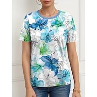 Women's T shirt Tee Floral Casual Holiday Blue Print Short Sleeve Fashion Crew Neck Regular Fit Summer Lightinthebox