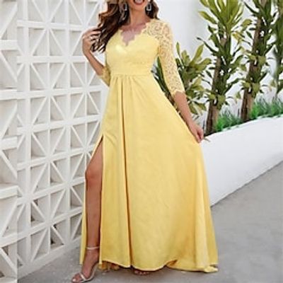 Women's Party Dress Lace Dress Swing Dress Long Dress Maxi Dress Blue Yellow Apricot 34 Length Sleeve Pure Color Lace Winter Fall Autumn V Neck Party Evening Party Slim 2022 S M L XL 2XL 3XL Lightinthebox