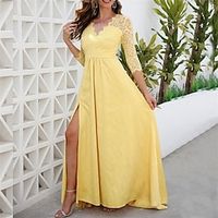 Women's Party Dress Lace Dress Swing Dress Long Dress Maxi Dress Blue Yellow Apricot 34 Length Sleeve Pure Color Lace Winter Fall Autumn V Neck Party Evening Party Slim 2022 S M L XL 2XL 3XL Lightinthebox - thumbnail