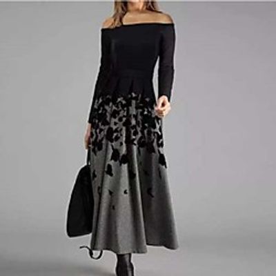 Women's A Line Dress Maxi long Dress Black Long Sleeve Print Modern Style Fall Off Shoulder Casual 2021 S M L XL XXL XXXL miniinthebox