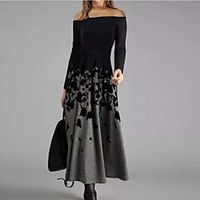 Women's A Line Dress Maxi long Dress Black Long Sleeve Print Modern Style Fall Off Shoulder Casual 2021 S M L XL XXL XXXL miniinthebox - thumbnail