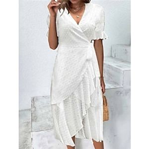 Women's Casual Dress Chiffon Dress White Dress Plain Lace up Ruffle V Neck Midi Dress Fashion Streetwear Street Daily Short Sleeve Regular Fit White Summer Spring S M L XL XXL Lightinthebox