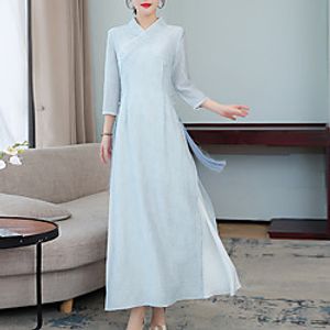 Women's Cheongsam Dress Maxi long Dress Light Blue Long Sleeve Floral Embroidered Fall Winter V Neck Elegant Casual Traditional 2021 M L XL XXL 3XL Lightinthebox