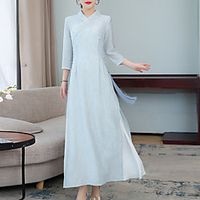 Women's Cheongsam Dress Maxi long Dress Light Blue Long Sleeve Floral Embroidered Fall Winter V Neck Elegant Casual Traditional 2021 M L XL XXL 3XL Lightinthebox - thumbnail