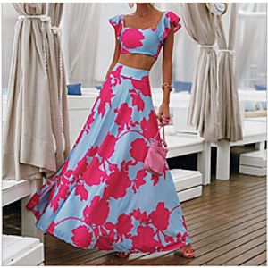 Women's Two Piece Dress Maxi long Dress Blue Sleeveless Floral Print Fall Summer Square Neck Elegant Casual 2021 S M L XL XXL miniinthebox