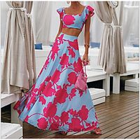 Women's Two Piece Dress Maxi long Dress Blue Sleeveless Floral Print Fall Summer Square Neck Elegant Casual 2021 S M L XL XXL miniinthebox - thumbnail