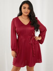 YOINS Plus Size V-neck Belt Design Zip Back Fastening Long Sleeves Mini Dress