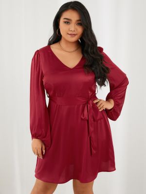 YOINS Plus Size V-neck Belt Design Zip Back Fastening Long Sleeves Mini Dress