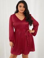 YOINS Plus Size V-neck Belt Design Zip Back Fastening Long Sleeves Mini Dress - thumbnail