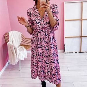 Women's Casual Dress Shift Dress Midi Dress Pink Brown Black Half Sleeve Leopard Floral Split Print Fall Winter V Neck Fashion Casual Modern 2022 S M L XL 2XL miniinthebox