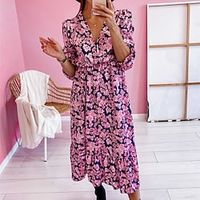 Women's Casual Dress Shift Dress Midi Dress Pink Brown Black Half Sleeve Leopard Floral Split Print Fall Winter V Neck Fashion Casual Modern 2022 S M L XL 2XL miniinthebox - thumbnail