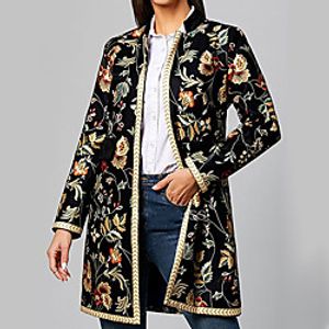 Women's Coat Street Daily Going out Fall Winter Regular Coat Regular Fit Warm Breathable Casual Jacket Long Sleeve Floral Print Black miniinthebox