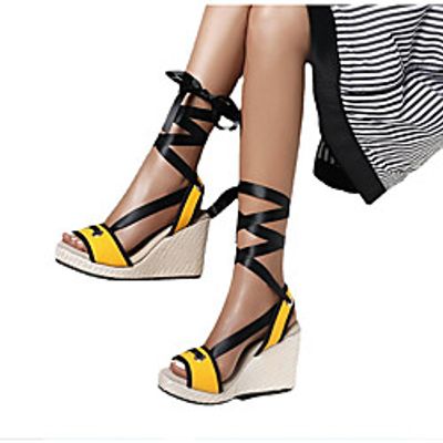 Women's Sandals Lace up Wedge Sandals Espadrilles Wedge Heel Round Toe Canvas Ribbon Tie Color Block Almond Yellow Gray miniinthebox
