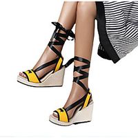 Women's Sandals Lace up Wedge Sandals Espadrilles Wedge Heel Round Toe Canvas Ribbon Tie Color Block Almond Yellow Gray miniinthebox - thumbnail