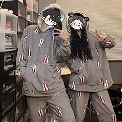 Couple Popcorn Design Pajamas Loungewear Sleepwear Pajamas Graphic Prints Fashion Comfort Soft Home Bed Polyester Warm V Wire Fall Spring Green Black Lightinthebox