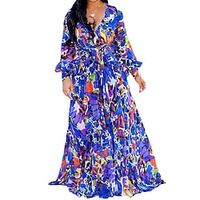 Women's Plus Size Holiday Dress Floral V Neck Print Long Sleeve Fall Spring Casual Maxi long Dress Vacation Beach Dress miniinthebox - thumbnail