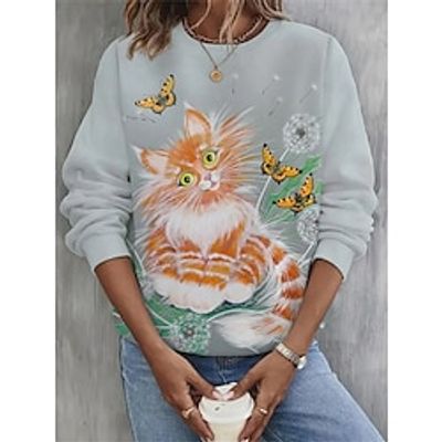 Christmas Sweatshirt Women's Sweatshirt Pullover Cat Christmas Tree Sportswear Funny Festival Print Pink Blue Gray Christmas Casual Round Neck Long Sleeve Top Micro-elastic Fall  Winter Lightinthebox