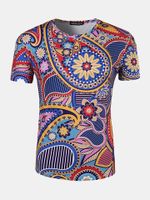 Mens Summer National Style Flower Printing Short Sleeve O-neck Casual T-shirt