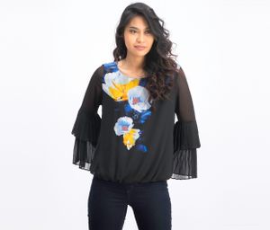 Womens Floral Ruffled Pullover Top  Black Float Blossom