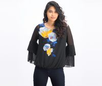 Womens Floral Ruffled Pullover Top  Black Float Blossom - thumbnail