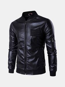 Embroidery Pockets Faux Leather Jacket