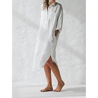 Women's Linen Dress Shirt Dress White Cotton Dress Midi Dress Button Pocket Daily Shirt Collar Long Sleeve Summer Spring White Blue Plain Lightinthebox - thumbnail