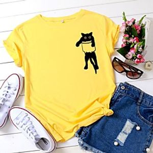 Women's T shirt Cat Graphic Text Print Round Neck Tops 100% Cotton Basic Basic Top White Black Yellow miniinthebox