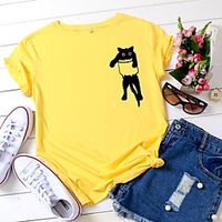 Women's T shirt Cat Graphic Text Print Round Neck Tops 100% Cotton Basic Basic Top White Black Yellow miniinthebox - thumbnail