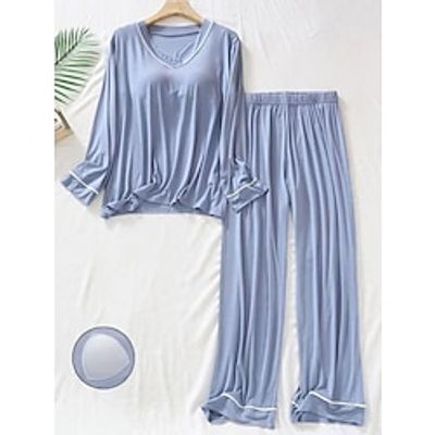 Women's Light Blue Pajamas Sets with Chest Pads Pure Color Simple Casual Comfort Home Daily Bed Modal Breathable Crew Neck Long Sleeve Chest pads Fall Winter Lotus Pink Pink Lightinthebox