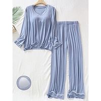 Women's Light Blue Pajamas Sets with Chest Pads Pure Color Simple Casual Comfort Home Daily Bed Modal Breathable Crew Neck Long Sleeve Chest pads Fall Winter Lotus Pink Pink Lightinthebox - thumbnail